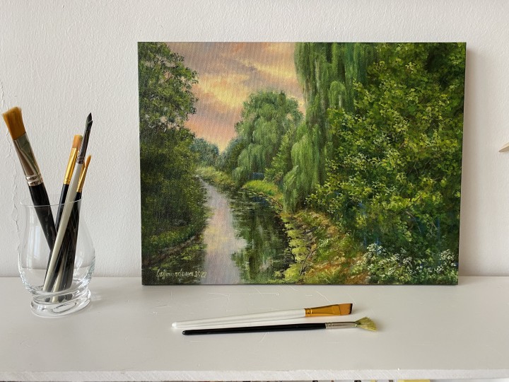 Ručně malovaná krajina olejem "Červánky nad Bílinou" 40 × 30 cm